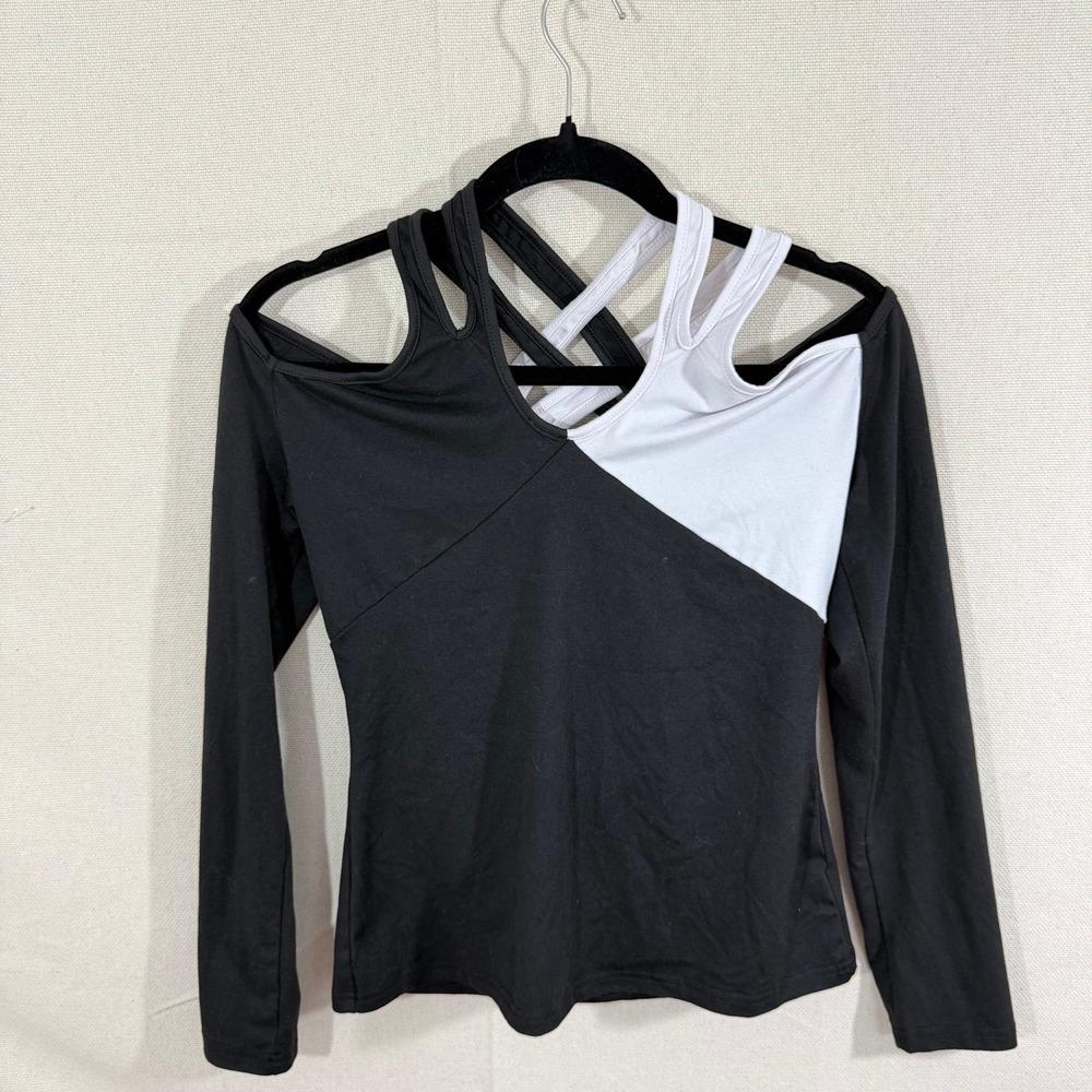 Avant Garde Black and White Colorblock Cutout Strappy Cold Shoulder Top